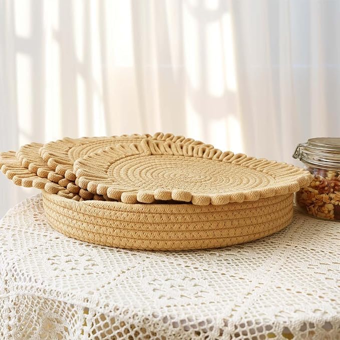 Image of Cotton Rope Placemat Set with Coasters and Holder 6 Pieces Round Woven Table | Mats Natural Beige Heat Resistant | Dining Table Decor | Durable Washable Kitchen Accessories (Beige with Border)