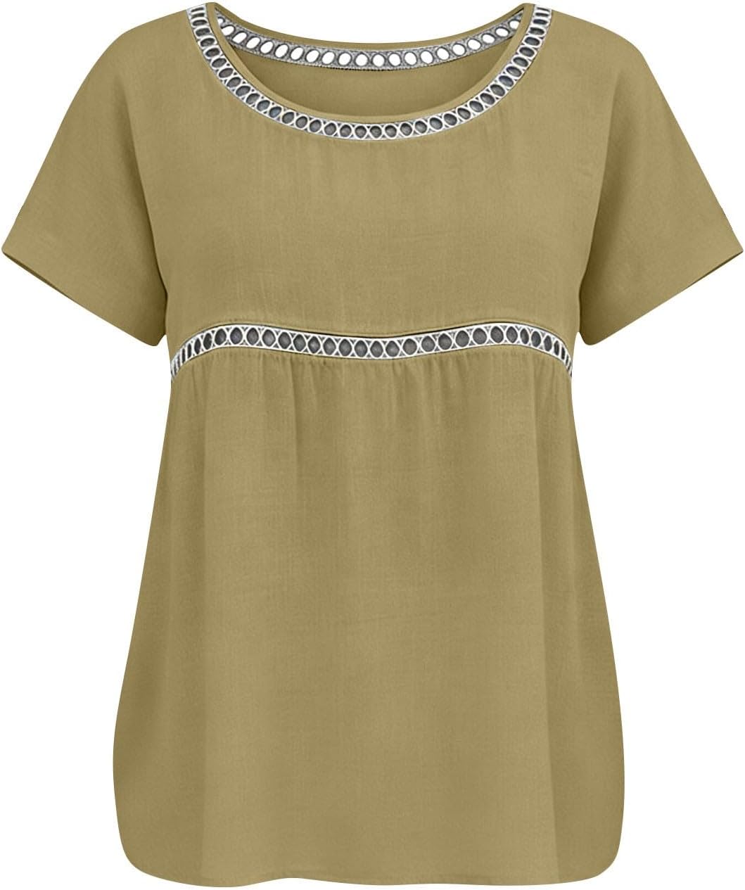 Linen Shirts for Women Short Sleeve Lace Patchwork Top Summer Crew Neck Blouses Lightweight Beach T Shirts 2026