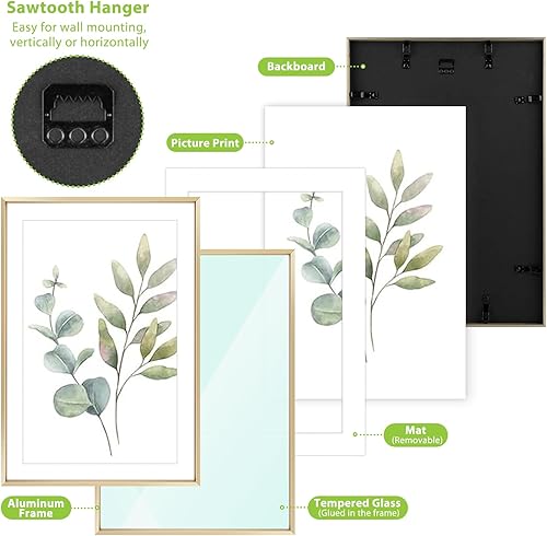 Vista 193 de Golden State Art - Marco de fotos de aluminio satinado clásico de 8 x 10 con alfombrilla de color marfil para fotos de 5 x 7 y cristal real, Dorado