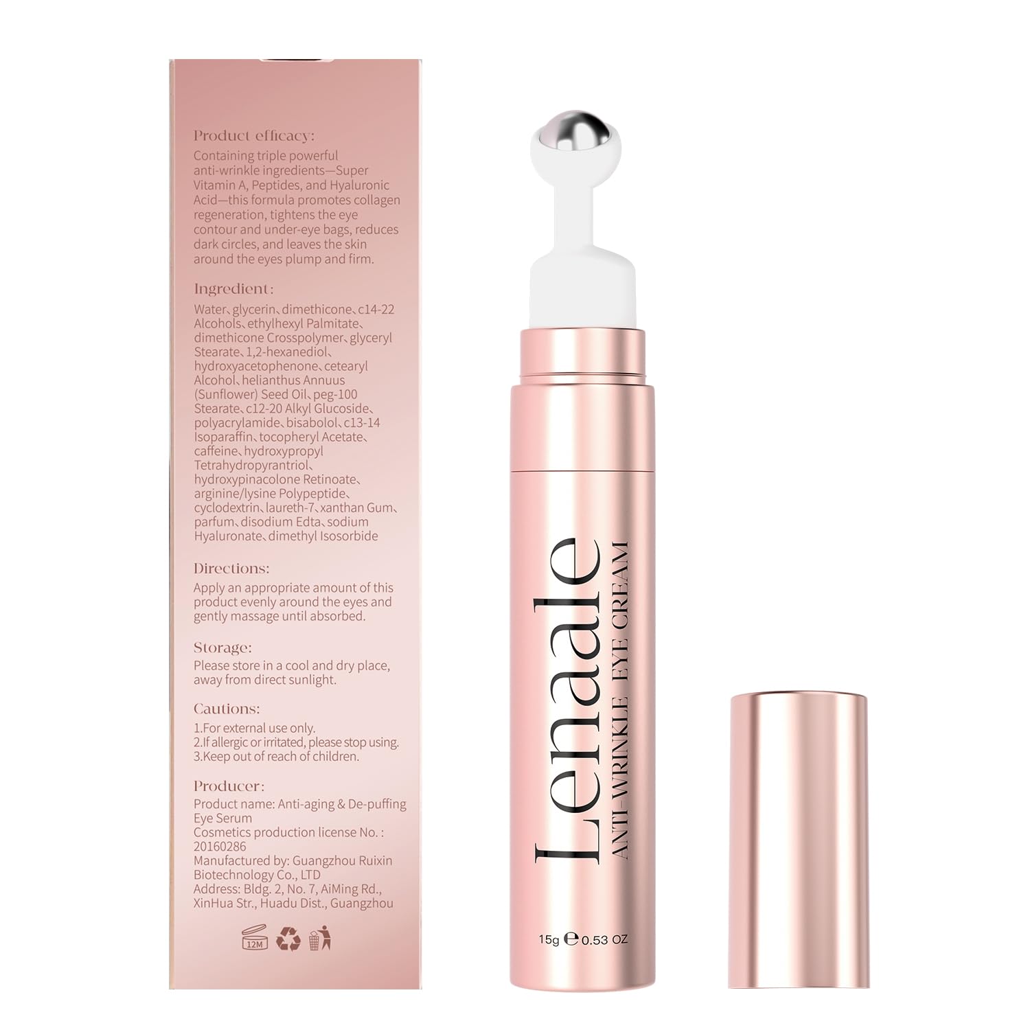 Eye Cream Anti Aging Under Eyes Cream Dark Circles with Super Vitamin A, Peptides & Hyaluronic Acid, Eye Serum With 360° Roller Massage Ball for Puffiness and Bags 0.5 oz - Image 7