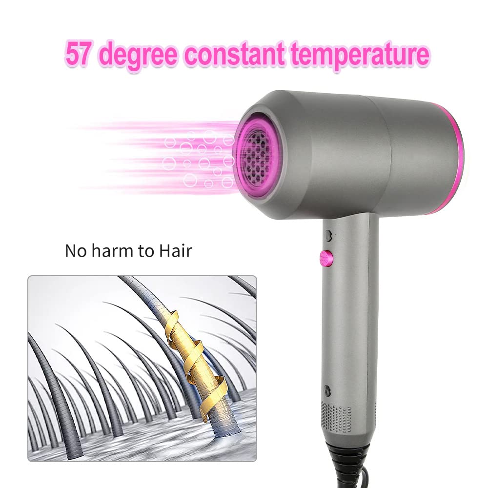 Faszin Föhn Ionen Haartrockner mit AC-Motor, schnellem trocknender Professioneller Fön mit 2 Geschwindigkeits- und 3 Hitzeeinstellungen, Kaltlufttaste, drehbarem 1 Diffusor & 2 Konzentratoren Grau
