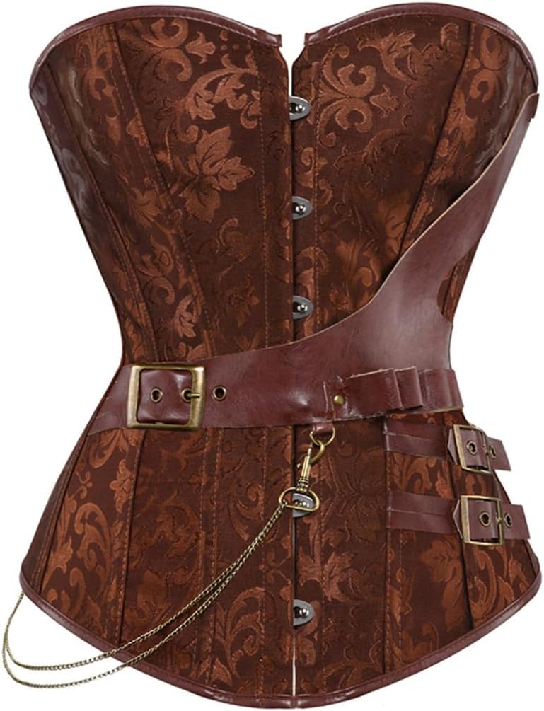 Grebrafan Brown Leather Steampunk Corset Bustier Plus Size