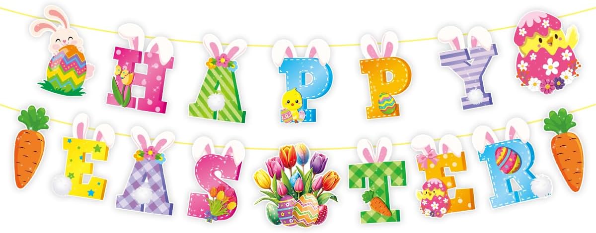 Happy Easter Banner|Easter Hanging Decorations|Paper Bunny Carrot Egg Bunting for Home,School,Party and Easter Egg Hunt
