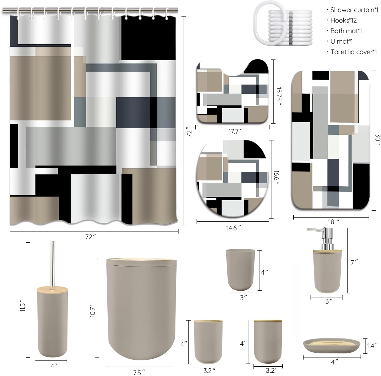 23-Piece Bathroom Sets, Beige Bathroom Accessories Set with Shower Curtain and Rugs, Beige Black Shower Curtain Set with Bath Rugs, Bathroom Trash Can, Soap Dispenser, Soap Dish for Modern Home Decor