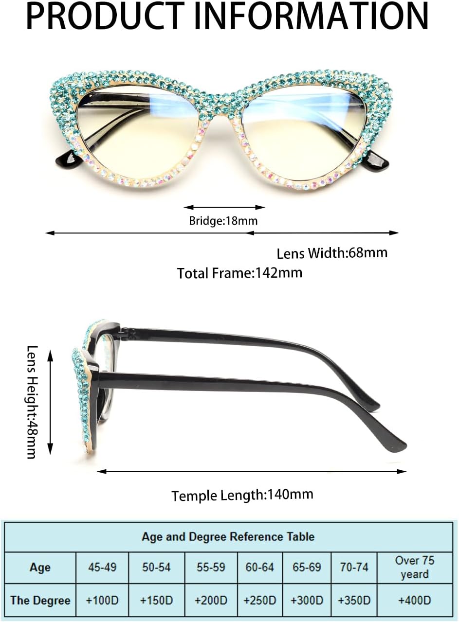 ICARA Oprah style Bling Rhinestone Cat Eye Reading Glasses for Women Shiny Diamond Blue Light Blocking Ladies Readers