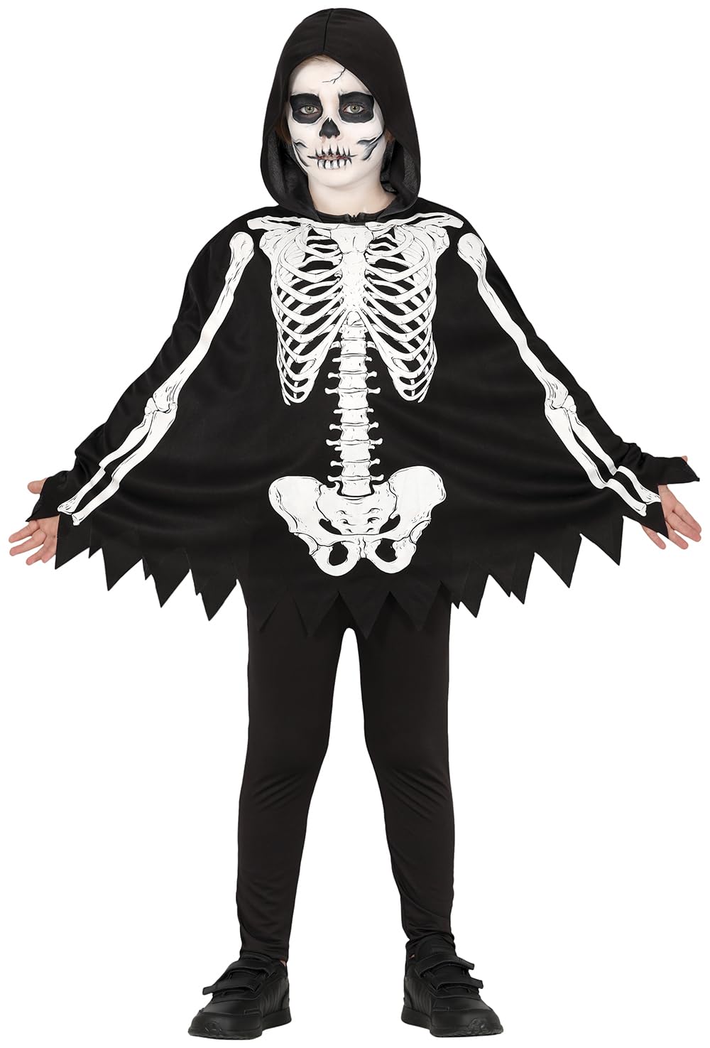 FIESTAS GUIRCA Skeleton Poncho Kids Fancy Dress Costume, Black Poncho with Skeleton Print and Hood - Image 2