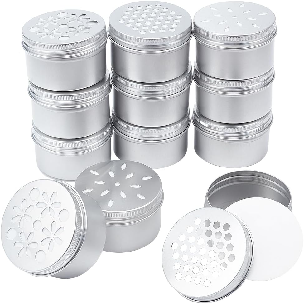PH PandaHall 2 Ounce Aluminium Tins, 12pcs 3 Styles Empty Storage Containers with Hollow Lids 60ml Screw Lid Round Jars Sample for Aromatherapy Air Freshener Candles Travel Storage