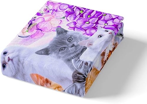 Miniatura 4 de Juego de sábanas de gatos divertidos para mascotas, para niños, niñas, amantes de los gatos, floral, morado, juego de cama con 1 funda de almohada,