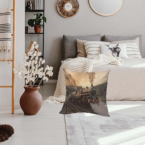 Miniatura 5 de HOSNYE Fundas de cojín retro con diseño de tren de Steam, Locos de acero, transporte de humo, amanecer, atardecer, campo, campo, decorativo,