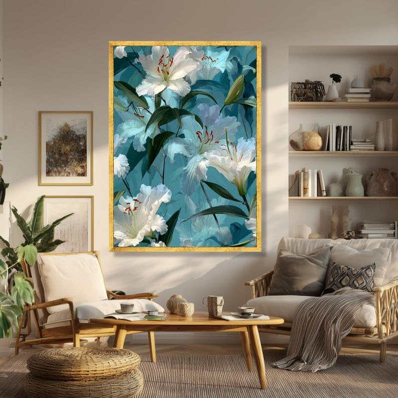 Tableau sur toile lys blancs affiche botanique florale décoration bleue - 2