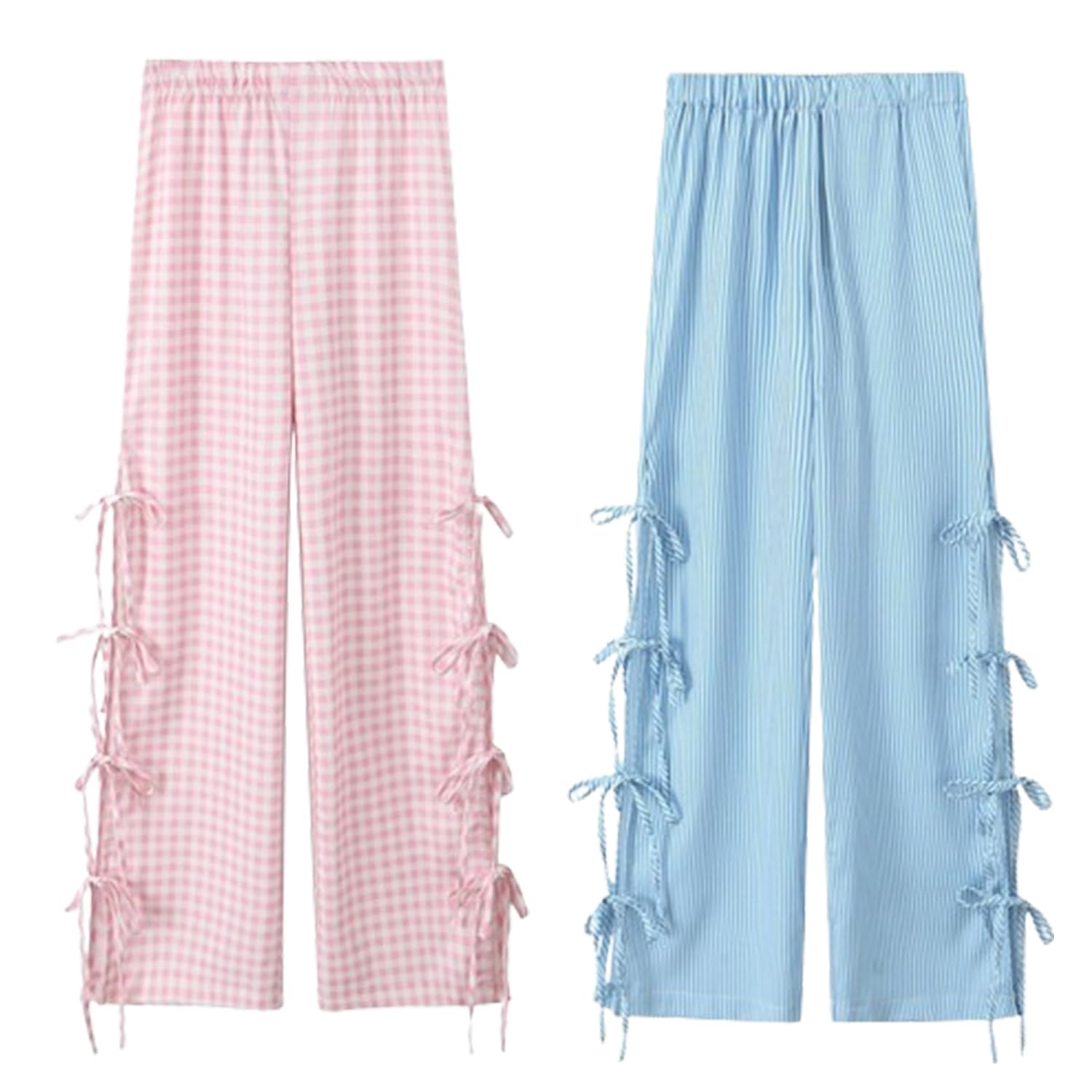 2 pantaloni da donna a quadri a quadretti Y2K con papillon, pantaloni da salotto a gamba larga con spacco laterale, palazzo sciolto a vita alta