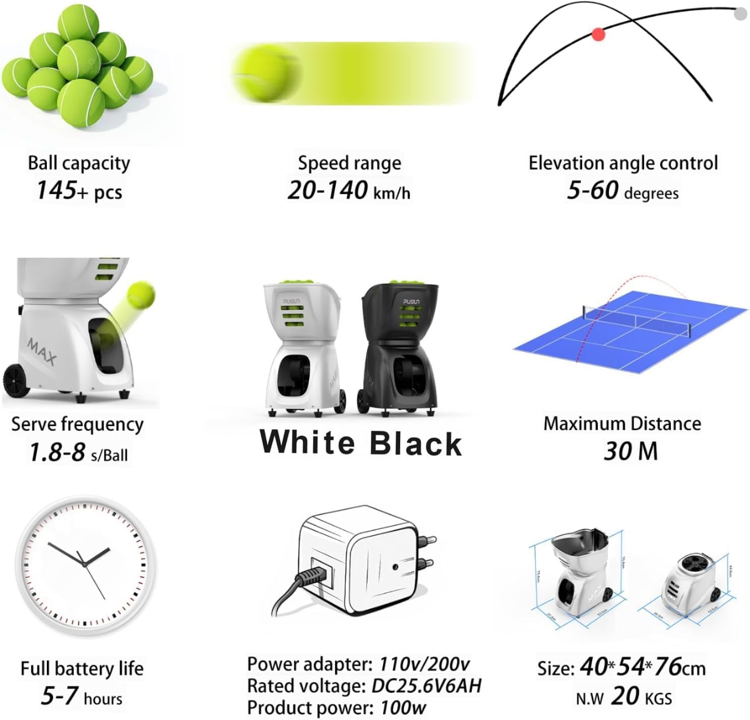 PUSUN PT-MAX C Smart Tennis Trainer & Ballmaschine - Profi Ballwerfer mit App-Steuerung, 28 Landepunkte, 26 Modi & 5-7 Std. Laufzeit für jedes Spielniveau (Weiß)
