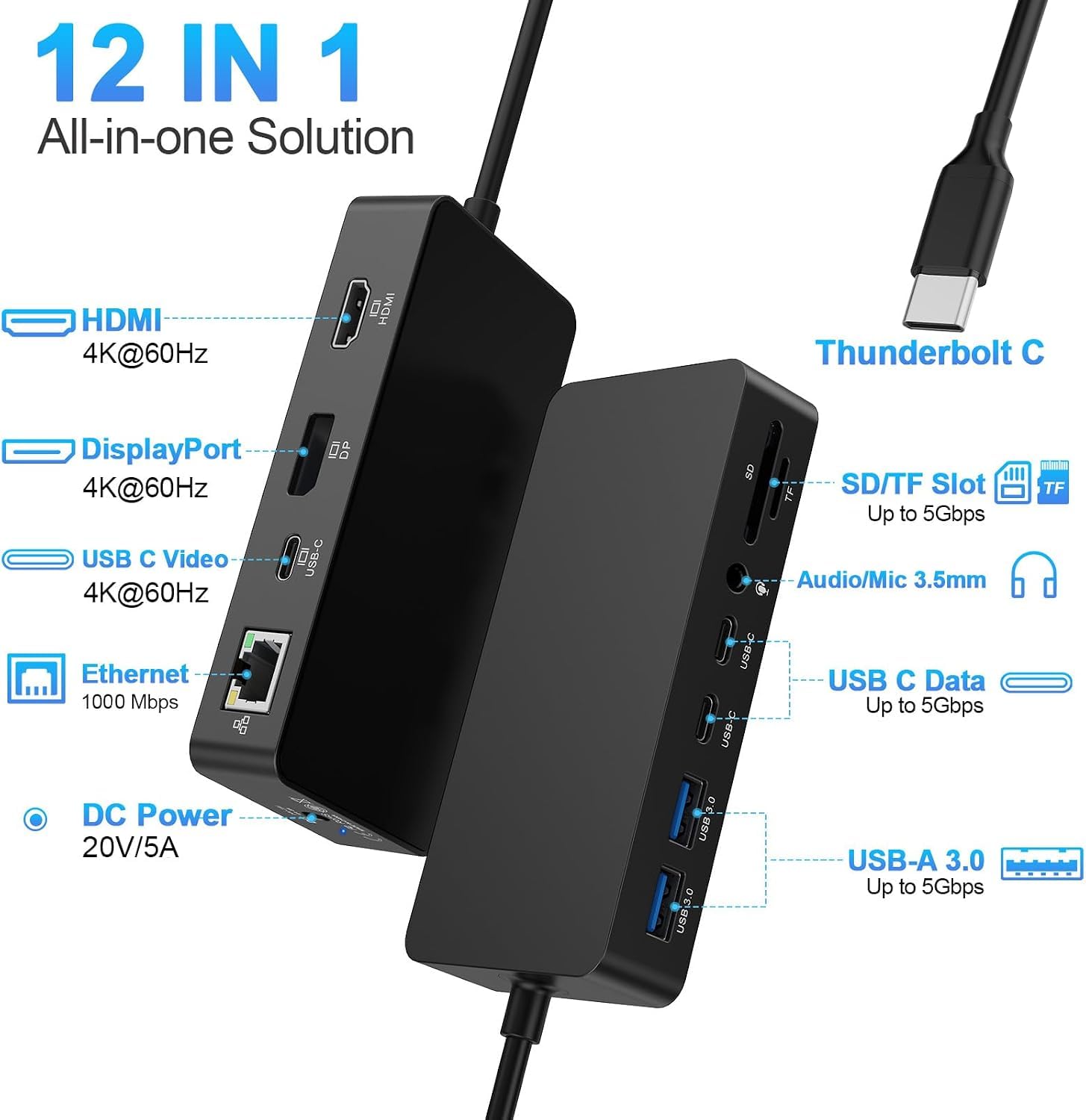 Station d'accueil Thunderbolt 4 triple écrans 4K @ 60 Hz HDMI + USB C + DP compatible Surface Pro 12/11/10/9/8/X/7+/7, Surface Laptop 7/6/5/4/3, Surface Go 4/3/2/1, Surface Laptop Go 3/2/1, Surface