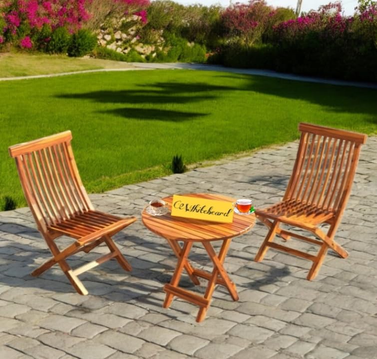 Image of WhiteBeard Wooden Standard Foldable Medium Dining Table with 2 Chair Set Home Furniture,Office,Living Room,Hotels,Cafe,Kitchen, Book Reading Table,Restaurant,Outdoor,Sheesham Wood 2 Chair Table Set