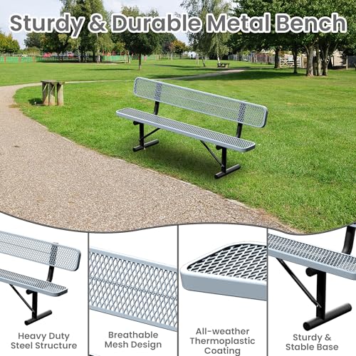 Image of 8ft Park Bench with Backrest, Gray Heavy Duty Outdoor Metal Bench Weatherproof Steel Long Playground Bench Seats, Commercial Garden Benches Dock Benches for Lawn, Park, Deck,Patio, Porch