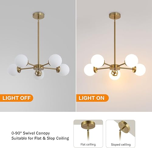 Miniatura 5 de WINGBO Sputnik - Candelabro moderno de 12 luces, lámpara de pedante con pantalla de globo de vidrio blanco ópalo grande para techo plano y