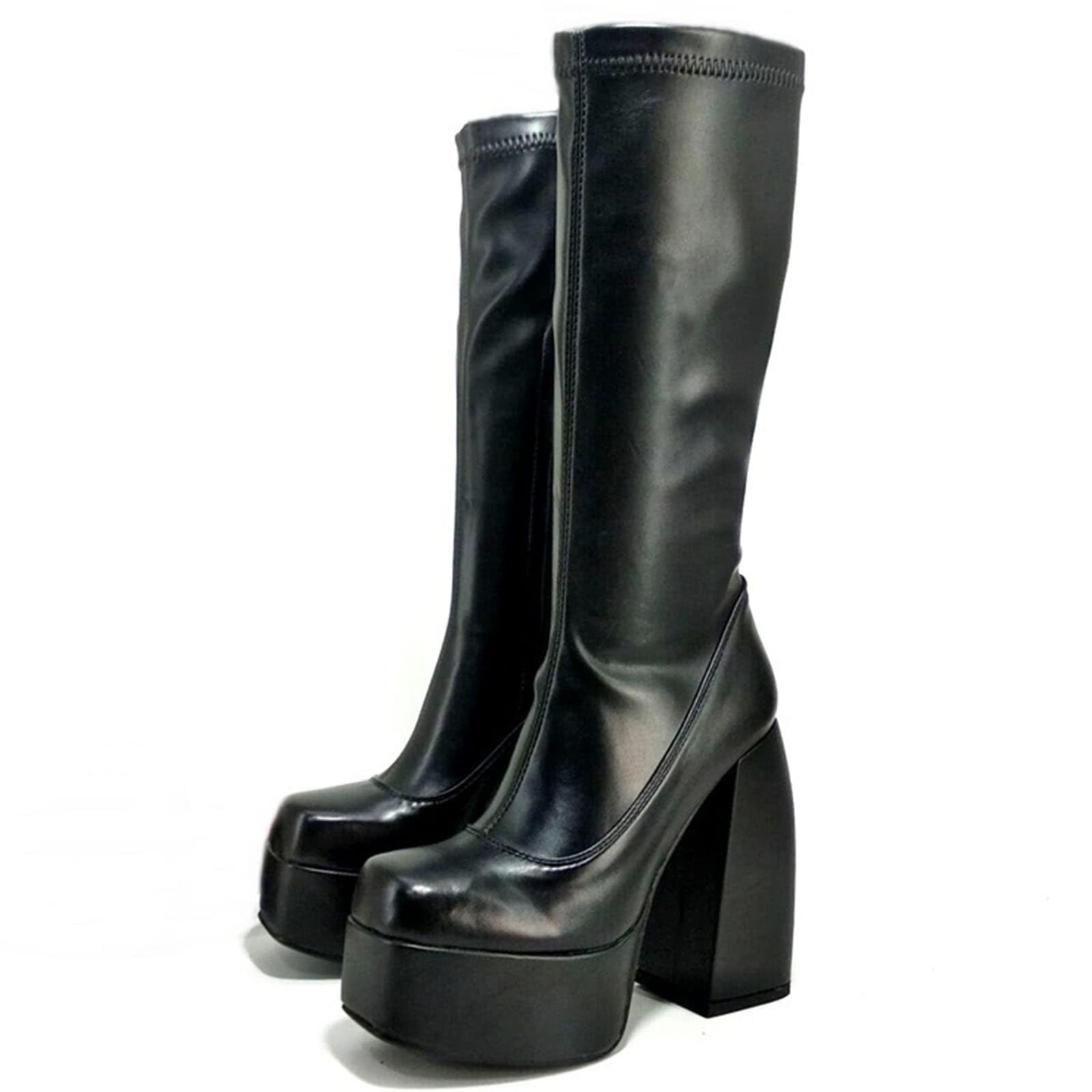 Womens Leather Platform Block Heel Knee High Boots Fashion Comfortable Round Toe Pull On Chunky High Heel Riding