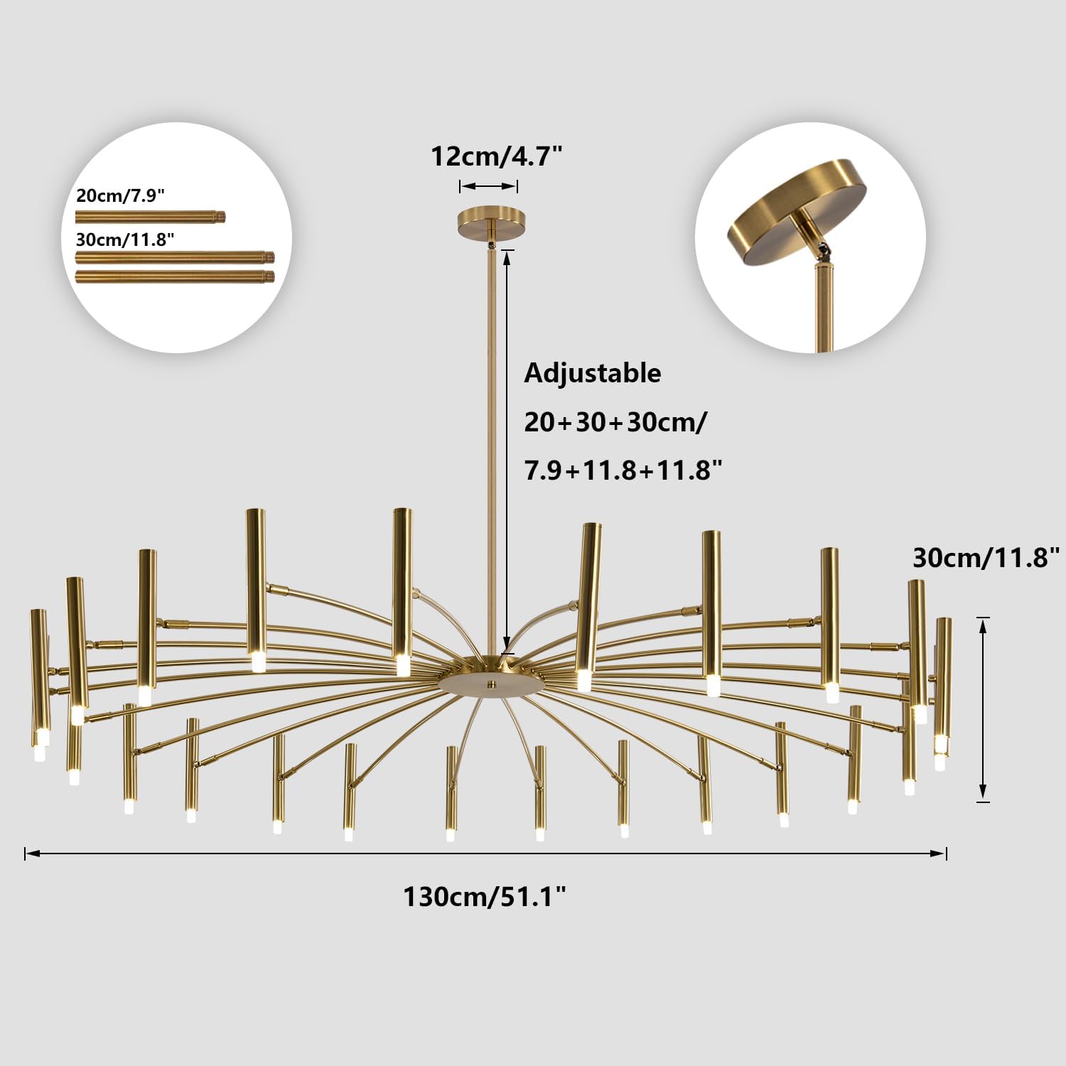 KCO Lighting Mid Century Modern Gold Sputnik Chandelier 24-Light Antique Brushed Brass Large LED Chandeliers Farmhouse Hanging Semi Flush Mount Ceiling Light Kitchen Island Dining Pendant Lights