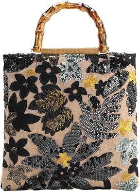 Sequin Embroidered Floral Tote for Women Beach Bag with Bamboo Handle Summer Shoulder Handbag for Vacation Daily Use