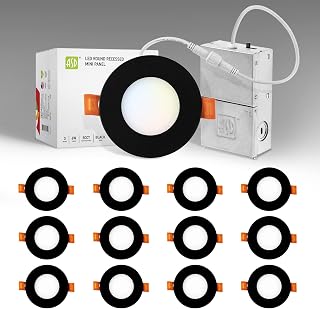 ASD Ultra Thin 3 Inch LED Recessed Light, 5 CCT 2700K-5000K Selectable, 6W 30W Eqv, Dimmable Canless Round Ceiling Wafer Downlight with Junction Box, 460Lm High Brightness - UL Energy Star (12 Pack)
