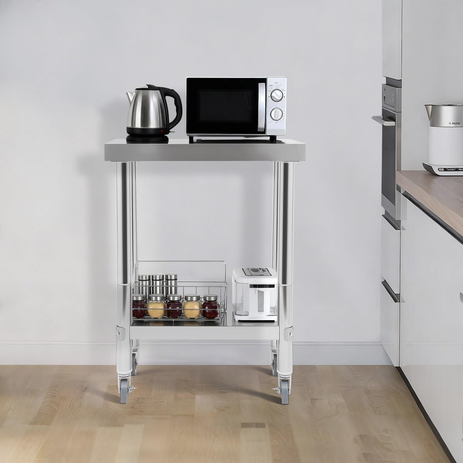 Table de Travail INOX,Table de Travail Cuisine,Préparation 2 Niveaux,Rangement 2 Niveaux,Équipée de 4 roulettes Dont 2 avec Frein,Charge 300kg, Cuisine Restaurant Hôtel Maison,60x45x85cm
