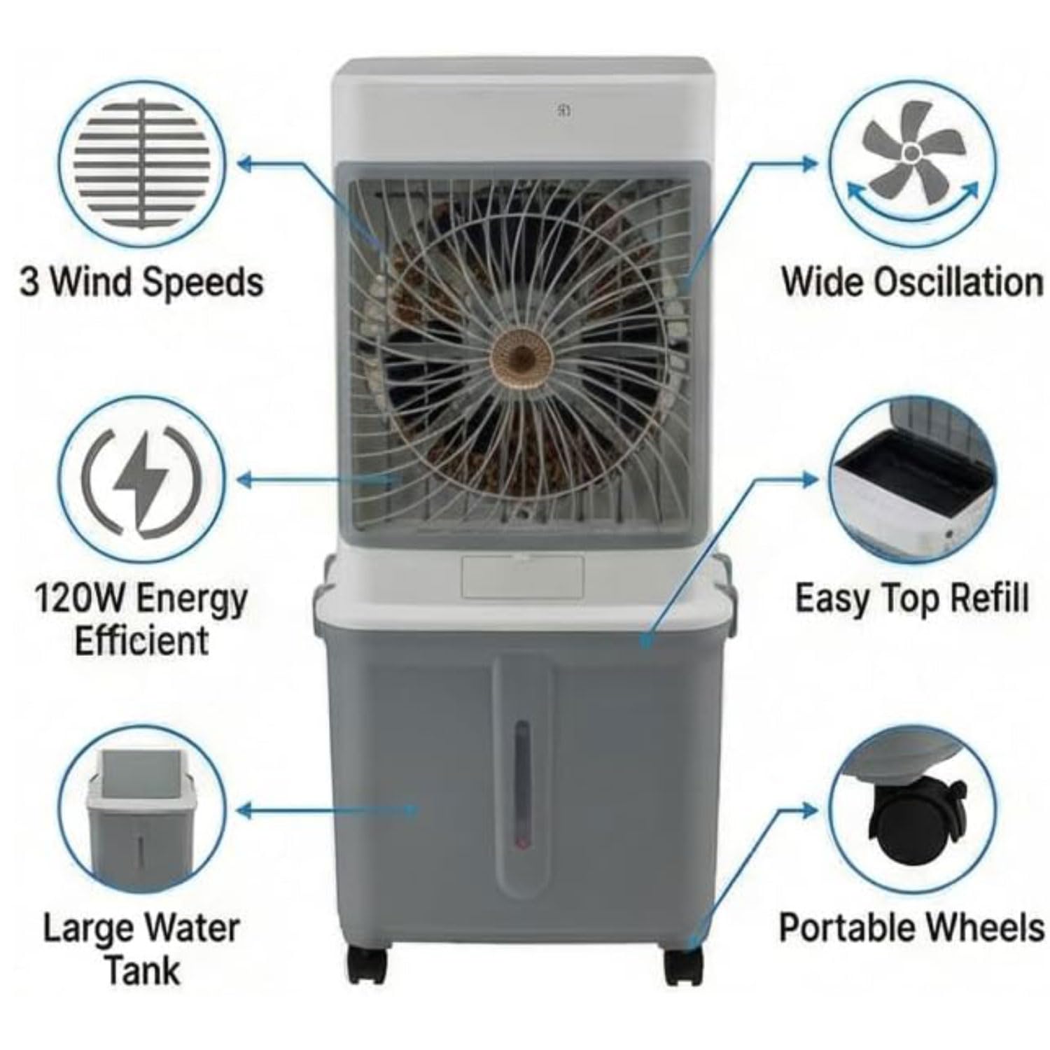 Klimatyzator mobilny, przenośny klimatyzator z chłodzeniem wodnym, 32 l, 7 h, timer, 3 prędkości, cichy, bez węża wylotowego, do domu, na strych, do biura