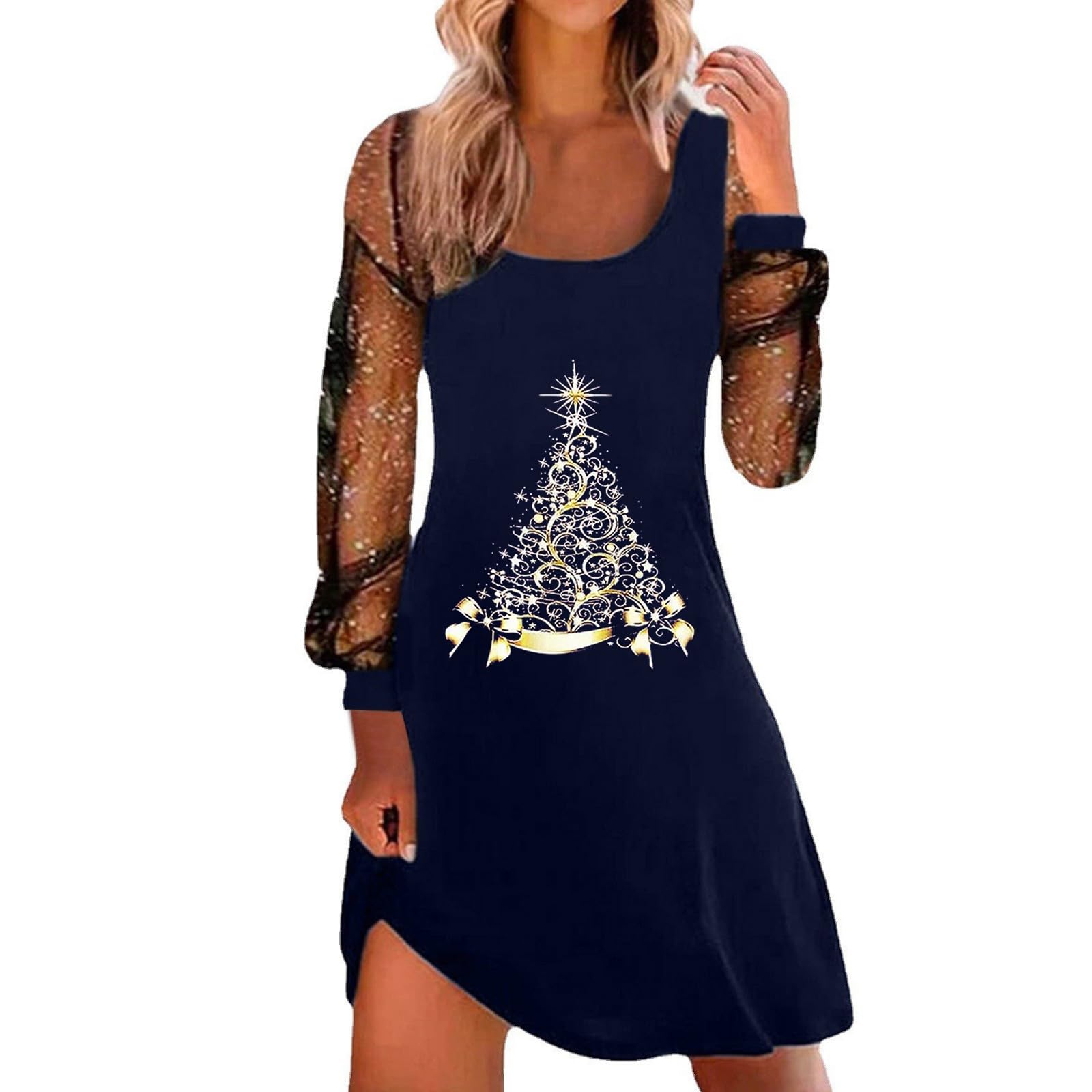 Women Christmas Dresses UK Sexy Spaghetti Strap Tank Dress with Mesh Long Sleeve Santa Xmas Dresses Plus Size Women's Soft Santa Costume for Chirstmas Party Prom