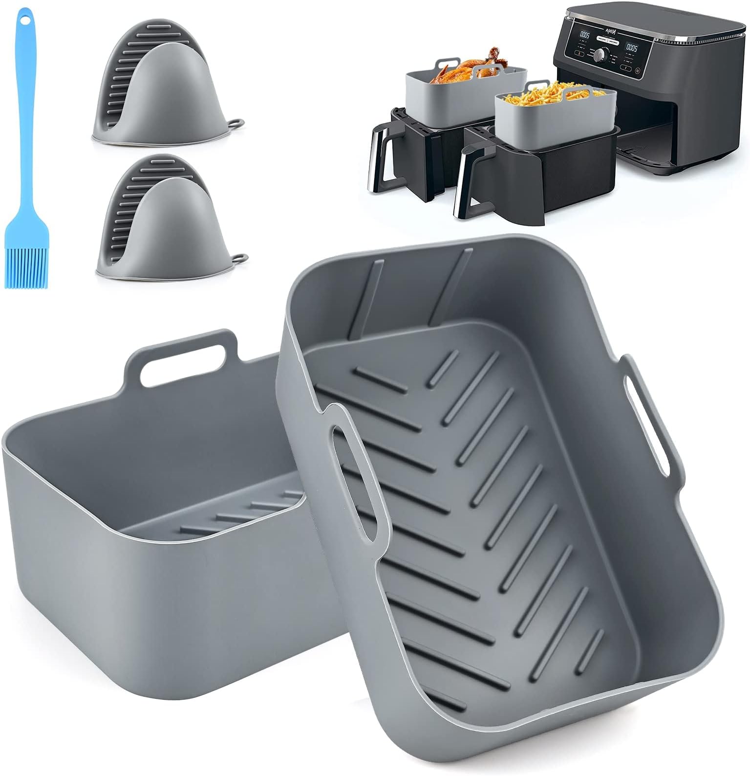 5PCS Silicone Air Fryer Liner for Ninja Dual, Air Fryer Accessories for AF300UK AF400UK Reusable Silicone Baking Basket/Tray for Ninja Foodi/Salter/Vortex Dual Zone Ninja Air Fryer Accessories - Grey