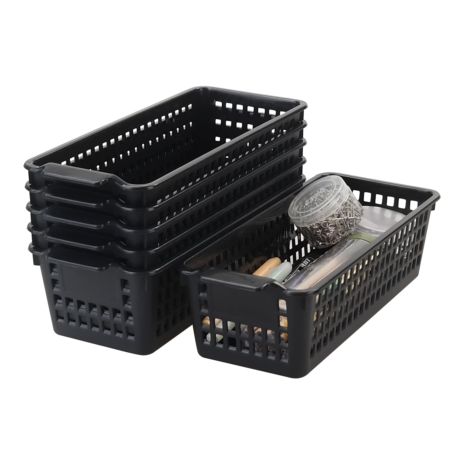 Easymanie Slim Plastic Storage Baskets, Black, 6 Packs