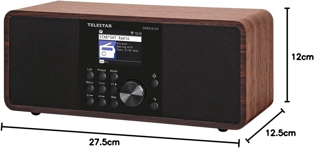 Telestar DIRA S 24i Digital Radio with dimensions labeled: 27.5cm length, 12.5cm width, 12cm height