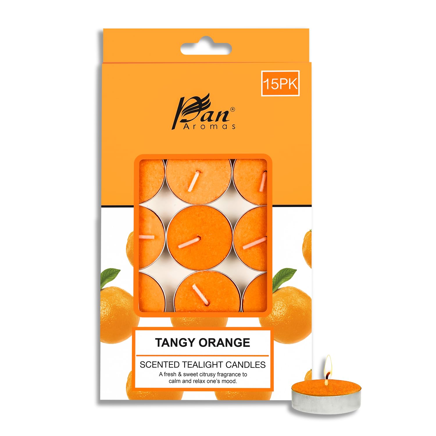 Pan Aromas - (Tangy Orange) Scented Tealight Candles| Pack of 15| Long Burning Tealight Scented Candles for Home, Office & Gifting - 2.5 hrs to 3 hrs Burn Time