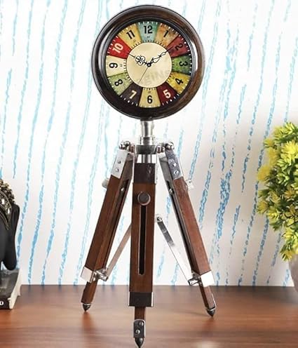 Nautical Gallery Antique Unique Style Wooden Table Clock with Adjustable Tripod Stand Heavy Quality for Home Decoration (Brown)