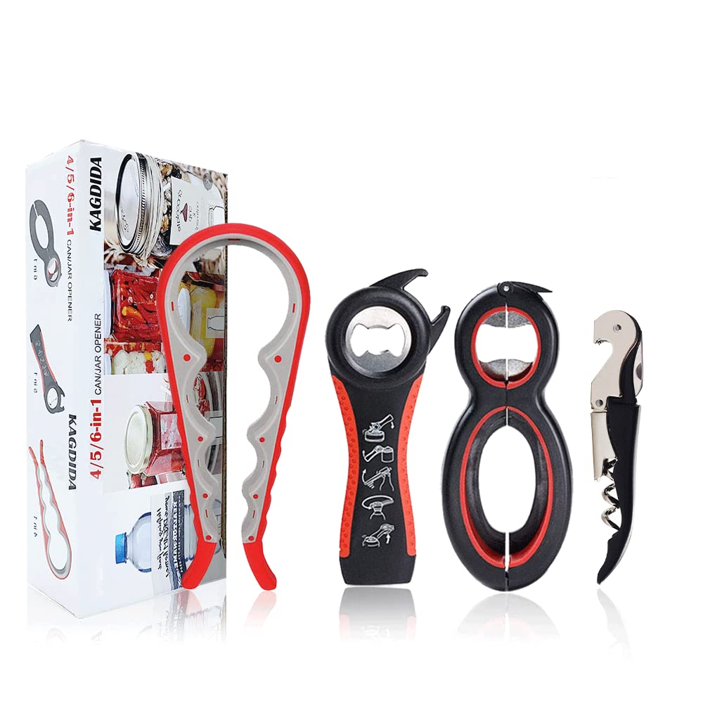 KAGDIDA Bottle Can and Jar Grip Opener 3 Pack, 5-in-1 and 6-in-1 Multi Kitchen Tools Set and 4-in-1Jar Grip Opener, Lid Seal Remover Lid Twist Off for Children, Weak Hand and Seniors with Arthritis