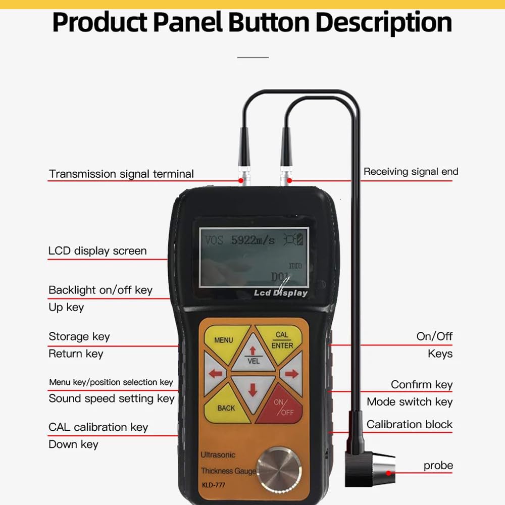 Ultrasonic Thickness Meter Gauge Sheet Metal Pipes Glass Thickness Gauge Sound Velocity Meter with Calibration Block Measuring Range 0.75mm to 600.0mm 0.03inch to 23.62inch