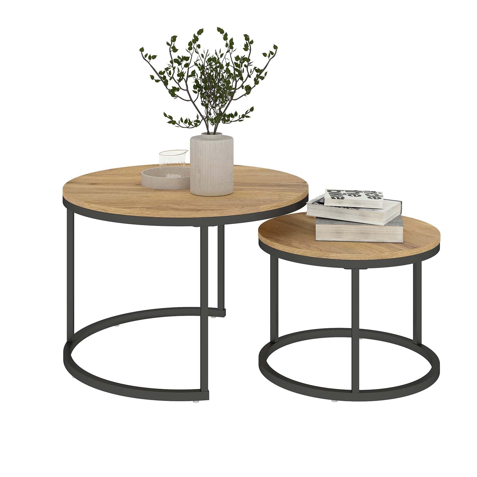 Mesa de Centro Redonda Juego de 2 Mesas Nido 70/50 cm con Tablero Madera y Estructura Metálica Negra, Mesa Auxiliar Moderna para Salón