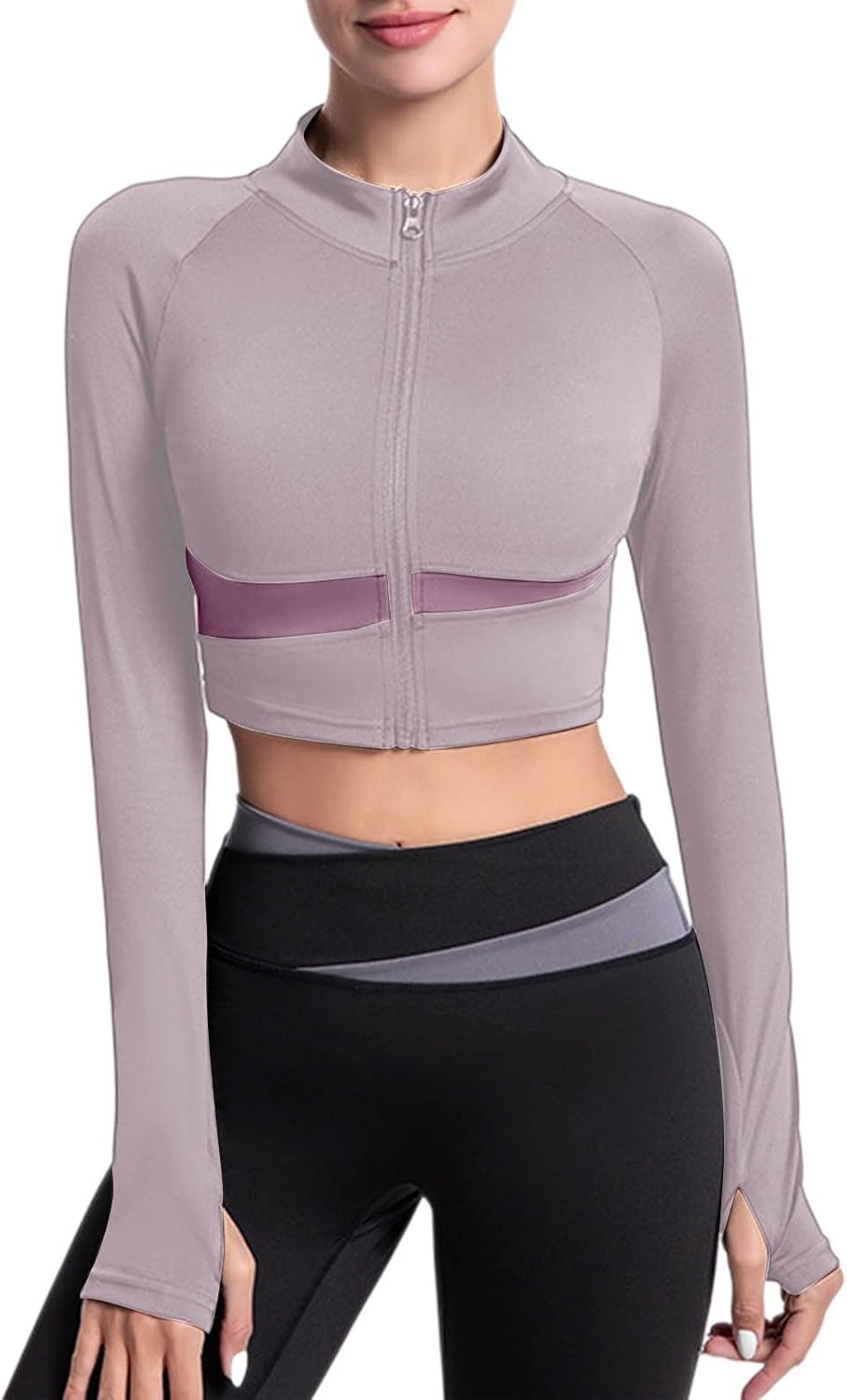 Womens Long Sleeve Crop Top Full Zip Workout Yoga Athletic Jacket with Thumb Holes Slim Fit Lightweight Sportswear