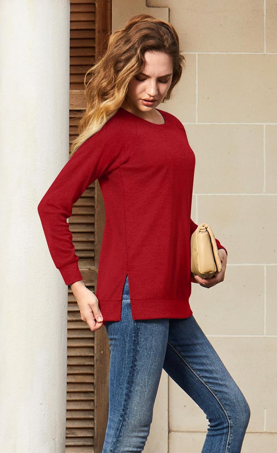 TAOHUADAO Women's Long Sleeve T-Shirt Side Split Tunic Tops for Leggings Loose Crewneck Sweater - Image 3