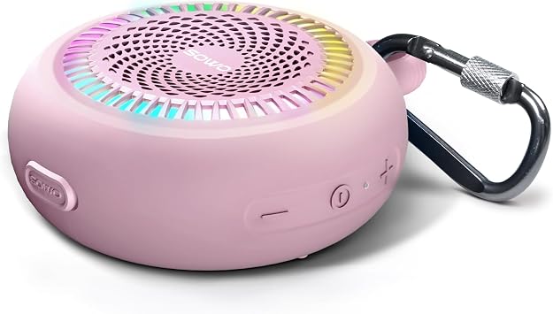 SOWO Small Waterproof Speaker Bluetooth Portable Wireless - Clip Speaker for Shower - Powerful Bass and Louder Volume - Colorful Lights and Lightweight for Travel,Kitchen,Pool - Pink