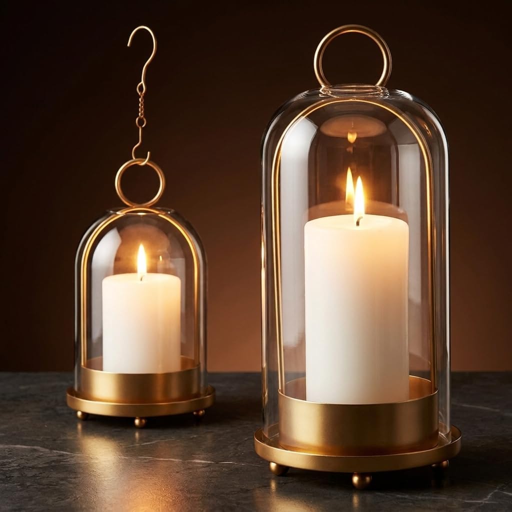 2 Pack Hurricane Glass Candle Holders, 4"& 5" Vintage Candle Lantern with Hanging Chains, Tabletop or Hanging Decor for Pillar Candles, Home Wedding Party Decoration