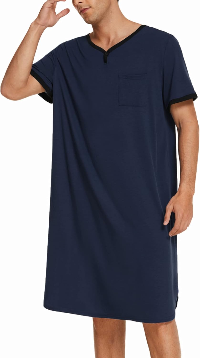 Ekouaer Men's Nightshirt Nightwear Comfy Big&Tall Short Sleeve Henley Sleep Shirt - Image 3