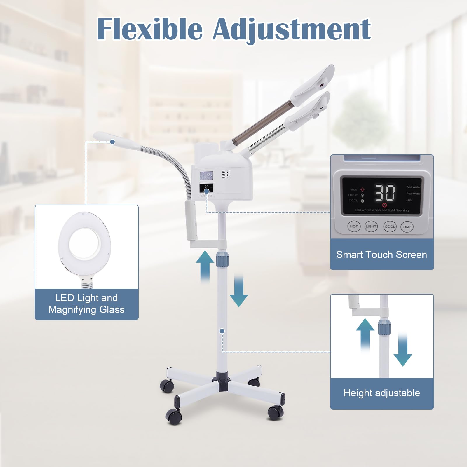 Vapozone Esthetique Professionnel 3 en 1 Vapeur Facial Visage avec Lumière LED et Loupe Hauteur Réglables Mode Chaud et Froid Buse Rotative 360°