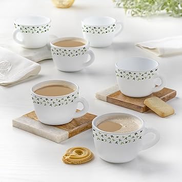 Silk Series Opalware Sage Cup Set, 140ml, 6 Pieces, White