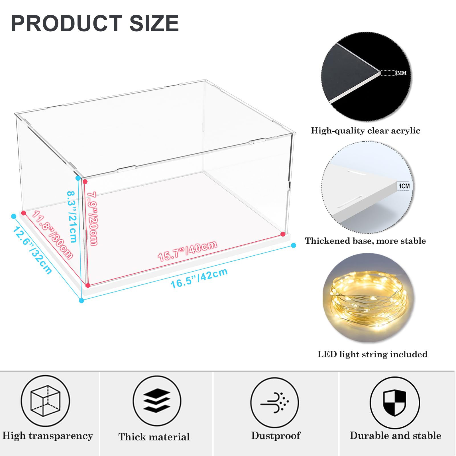 escaparate para colección, escaparate para figuras, caja de vitrina de acrílico transparente con base blanca para ensamblar, caja de encimera antipolvo con banda luminosa