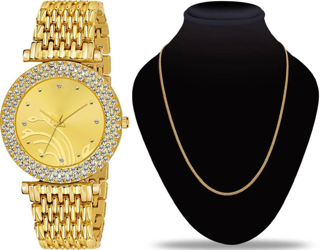GIFFEMANS Golden Square Metal Chain Effortlessly Stylish and Dependable Analog Wrist Dial luxury look Watch |Quartz Style | Gift Option for Wedding | Fashionable and And Golden Necklace Chain for Girls & Women Combo Set (B0CQ7LZXQY) Amazon Price History, Amazon Price Tracker