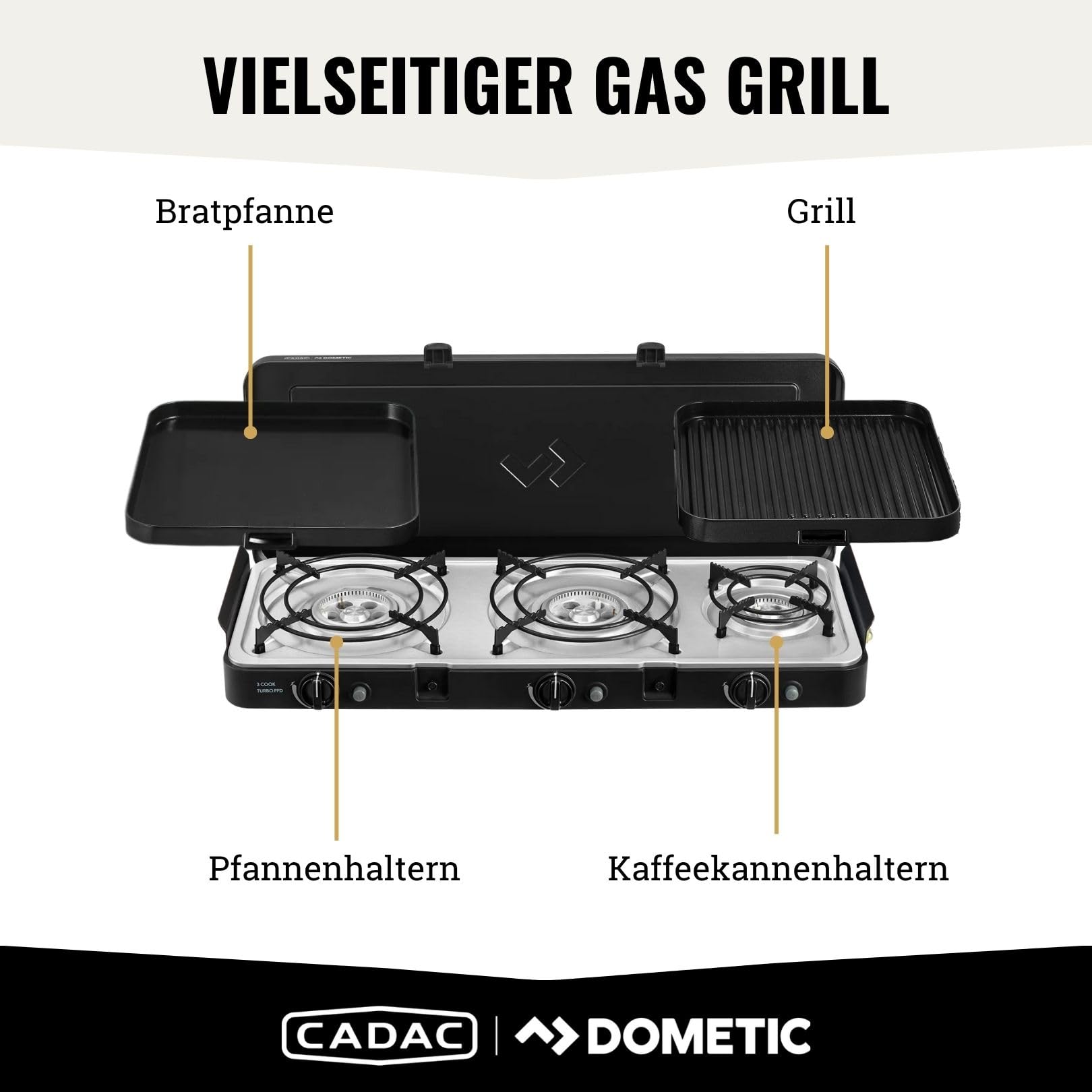 CADAC - 3 Cook Turbo FFD Deluxe - 50mBar - Grillen - Tragbare Grills - Kochfläche aus Edelstahl - Inkl. Schutzhülle - Campingplatz - BBQ-Must-Haves