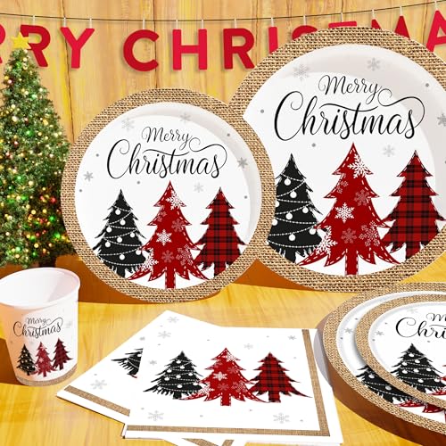 Christmas Paper Plates and Napkins(Serves 25), Christmas Plates Disposable, Included Dinner Plates, Dessert Plates, Napkins and Cups for Xmas Party Decorations – Image 2