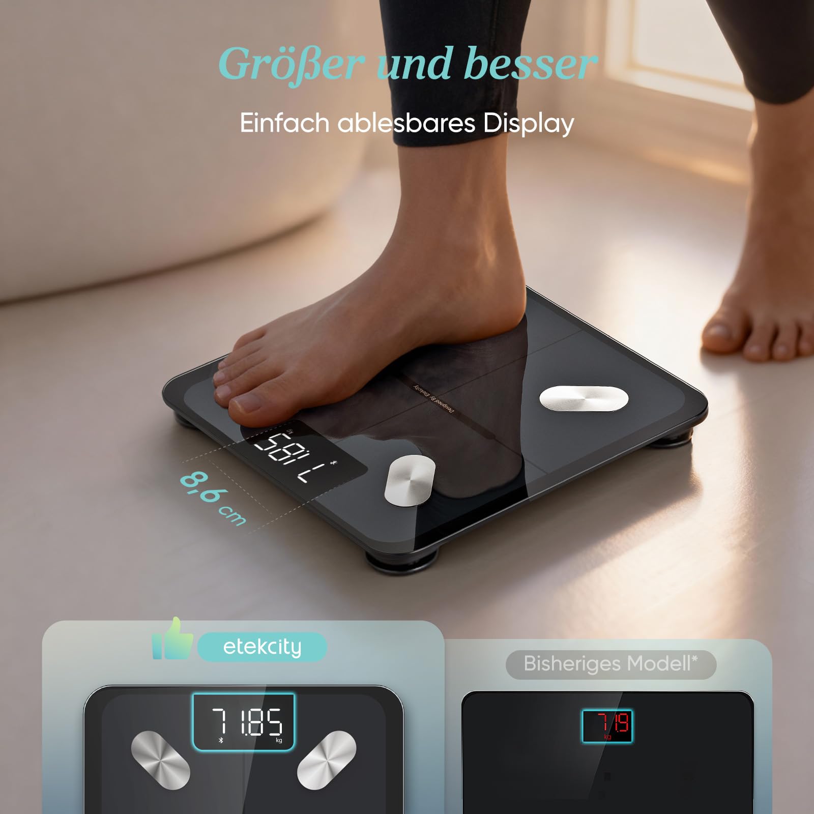 Etekcity Körperfettwaage - Personenwaage Digital mit 0,02 kg Genauigkeit - Bluetooth mit App für Fitness - Körperwaage zur Messung von Körperfett,BMI,Muskelmasse,Protein,BMR-Tiefschwarz-28 x 28 cm