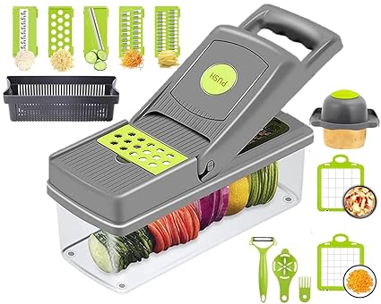 HOOLI 14 in 1 Multipurpose Chopper, Fruits & Vegetable Cutters, Grater Peeler Chipser, Unbreakable Food Grade Body, Easy Push to Clean Button Slicer Dicer, Chopper for Kitchen (Multicolor Pack of 1)