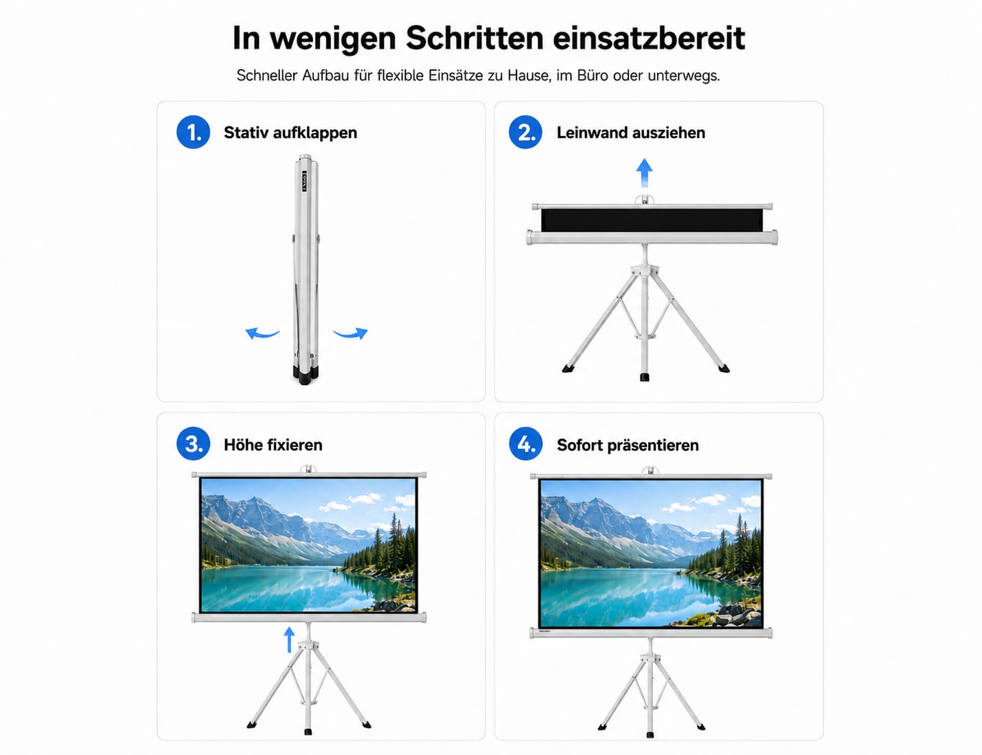 Beamer Leinwand mit Stativ,Tragbare Leinwand Beamer Outdoor 100 Zoll,Format 16:9 HD Faltbare mit Tragetasche für Haus Hinterhof Theater Nächte