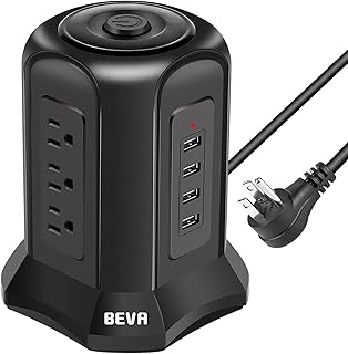 Power Strip Tower Surge Protector, BEVA Surge Protector Tower with 9 AC Outlet and 4 USB Ports, 18AWG 6.5 Feet Extension Cord, 3-Prong Flat Plug, Multiple Outlets for Office, Home and Dorm Essentials